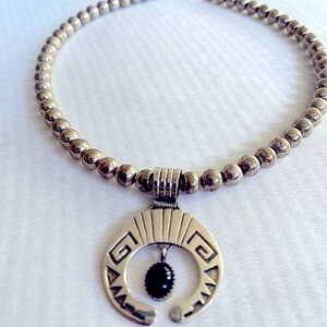 NANAJO 2" NAJA NECKLACE- 18” Vintage  Sterling Silver Onyx Signed C Wide Bail